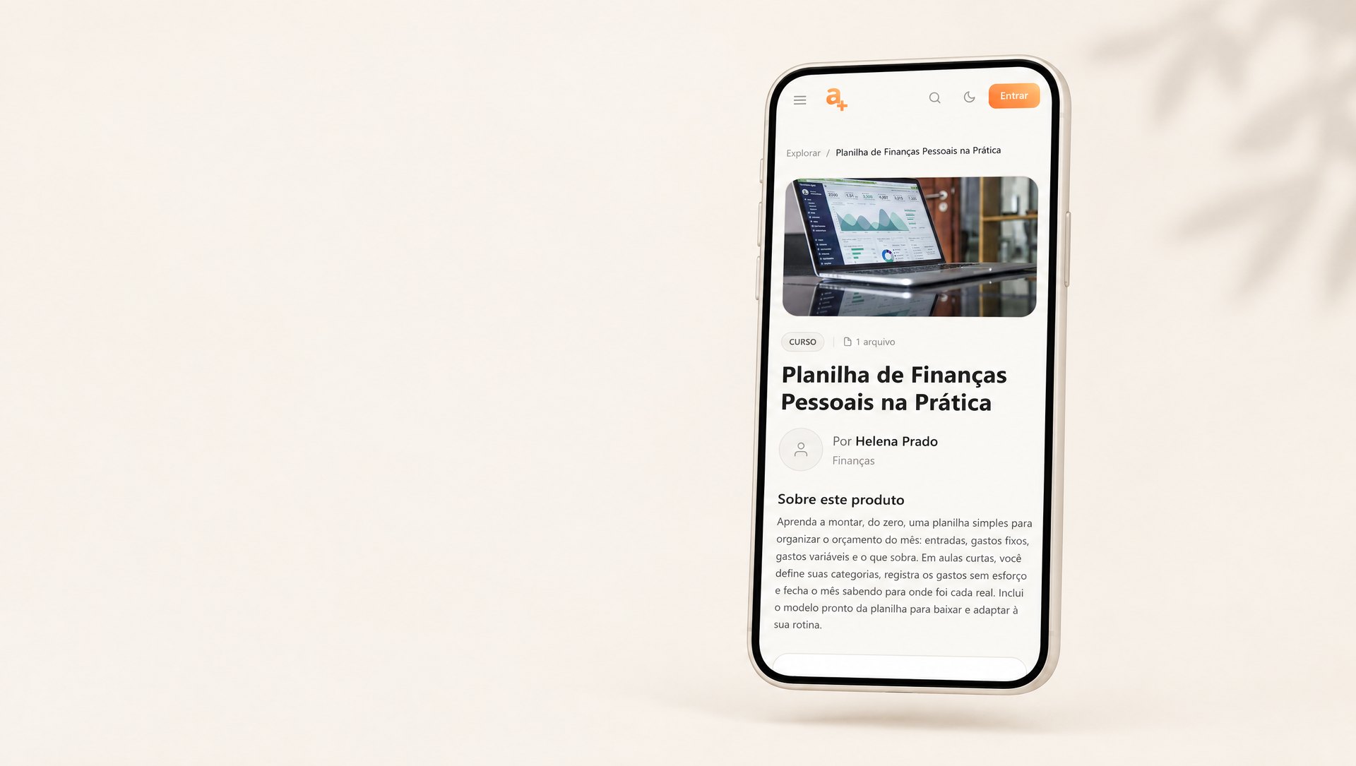 Celular com a página de um produto da A+ aberta: a Planilha de Finanças Pessoais na Prática, por Helena Prado